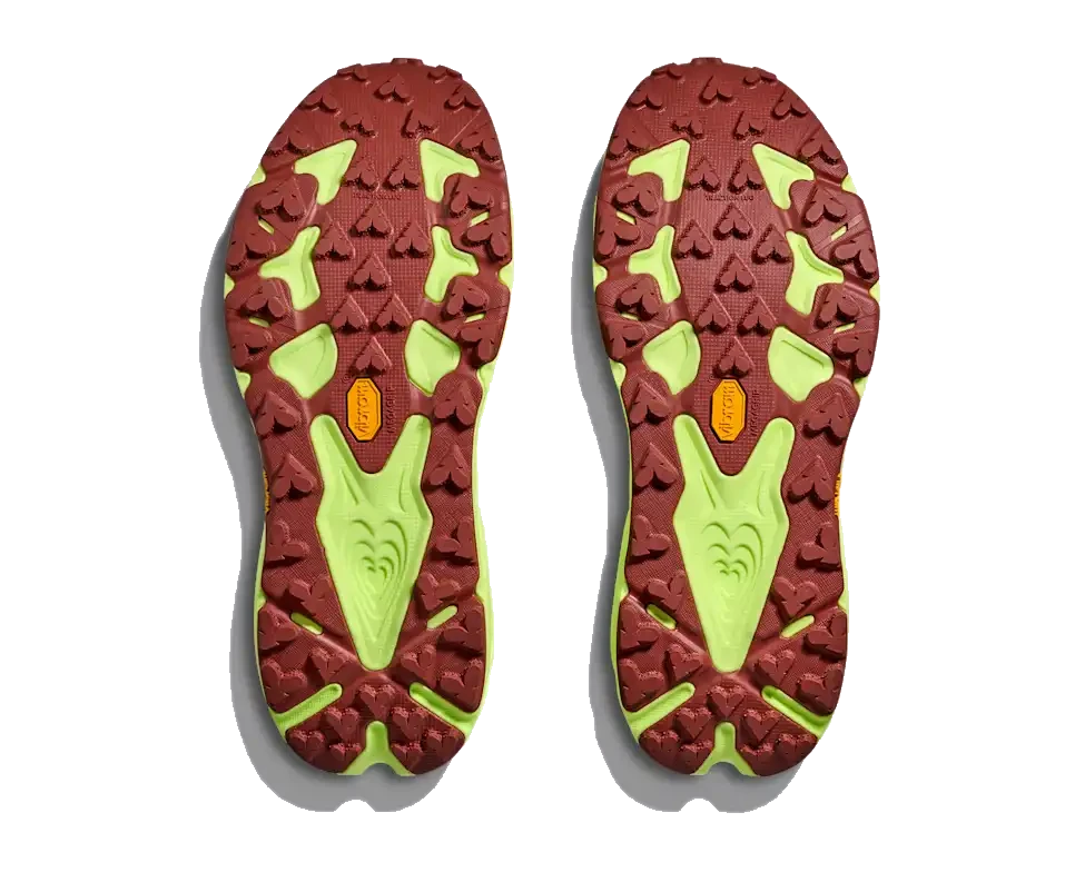 Hoka Speedgoat 7 Vibram Megagrip outsole — burgundy and lime lug pattern